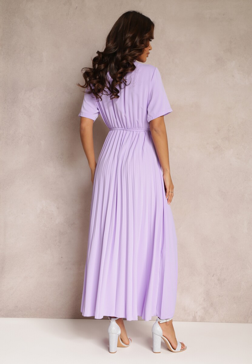 Fioletowa Rozkloszowana Sukienka Plisowana z Wiązanym Paskiem Eilemona