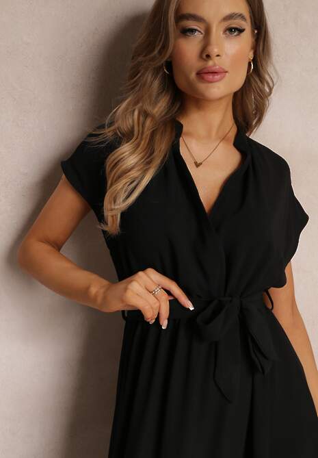 Czarna Kopertowa Sukienka z Gumką w Talii i Wiązaniem Mylelse