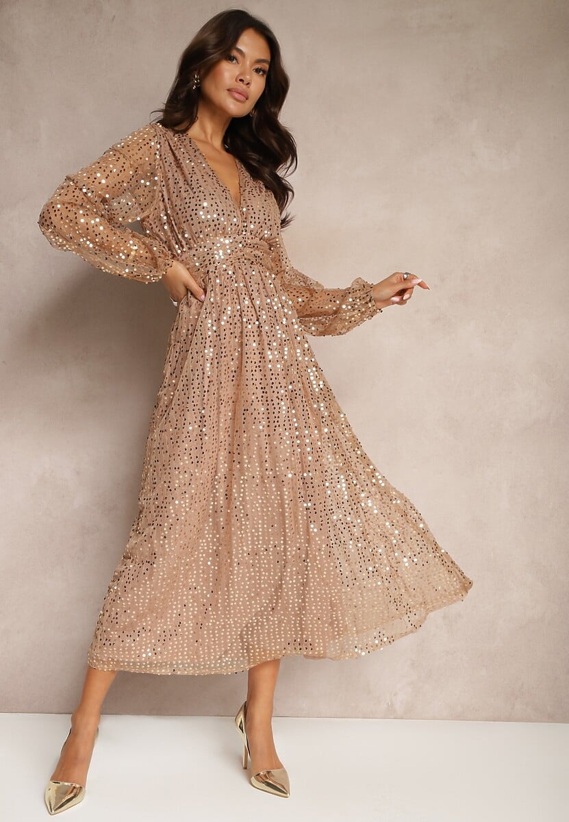 Czarna Cekinowa Sukienka Kopertowa z Siateczki o Rozkloszowanym Kroju Bonissa