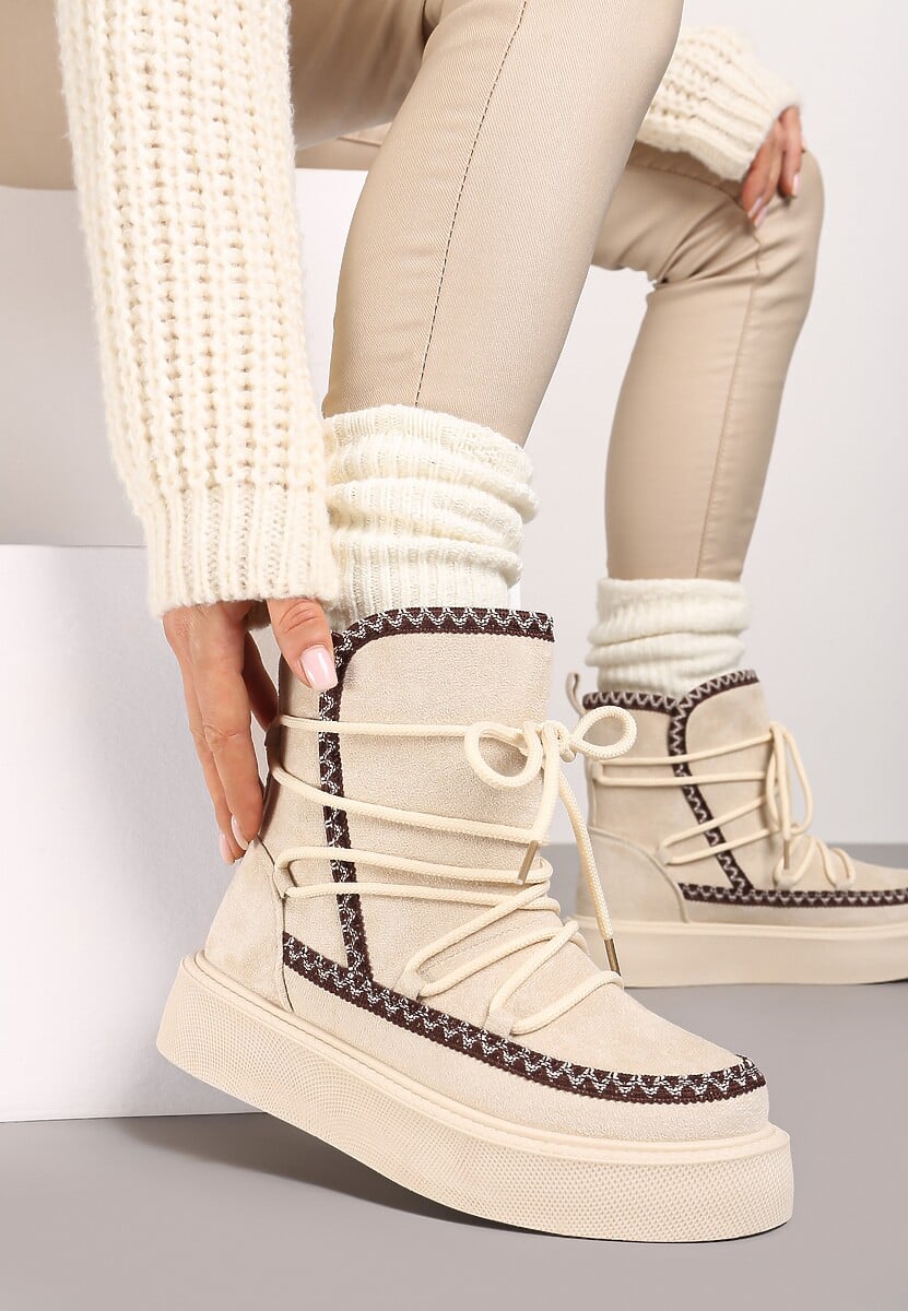 Ciemnobeżowe Sznurowane Śniegowce na Platformie Coralinia