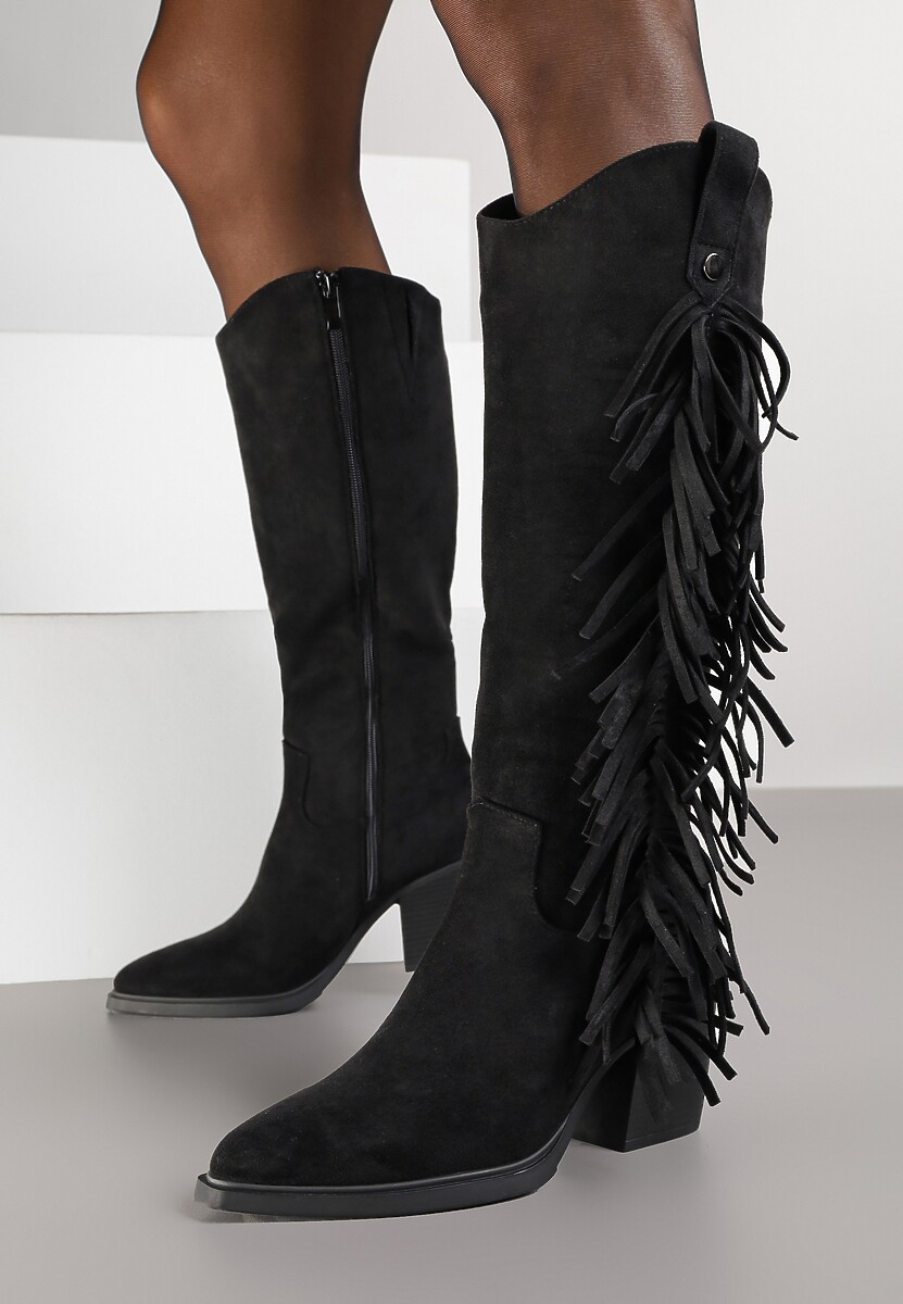 Czarne Kozaki Kowbojki na Stożku Zdobione Frędzlami Nucca