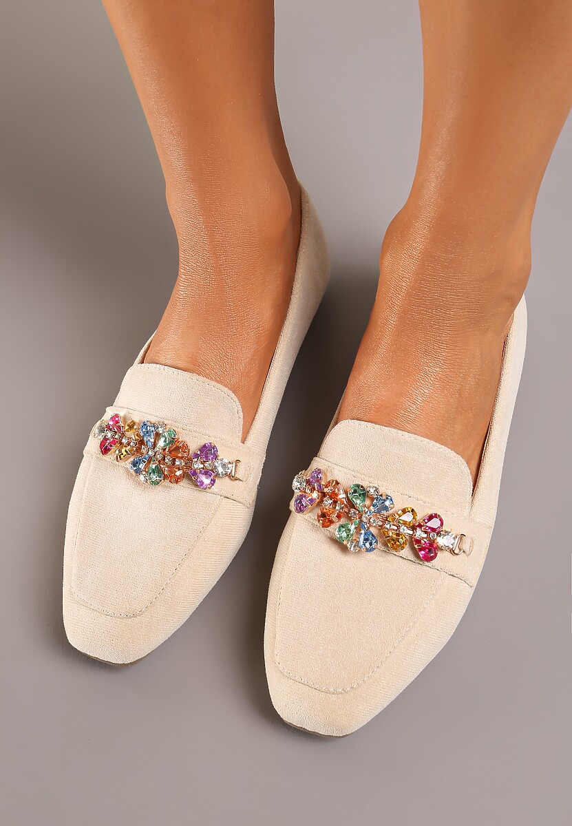 Beżowe Mokasyny z Ekozamszu z Klamerką z Cyrkonii i Kryształków Illarae