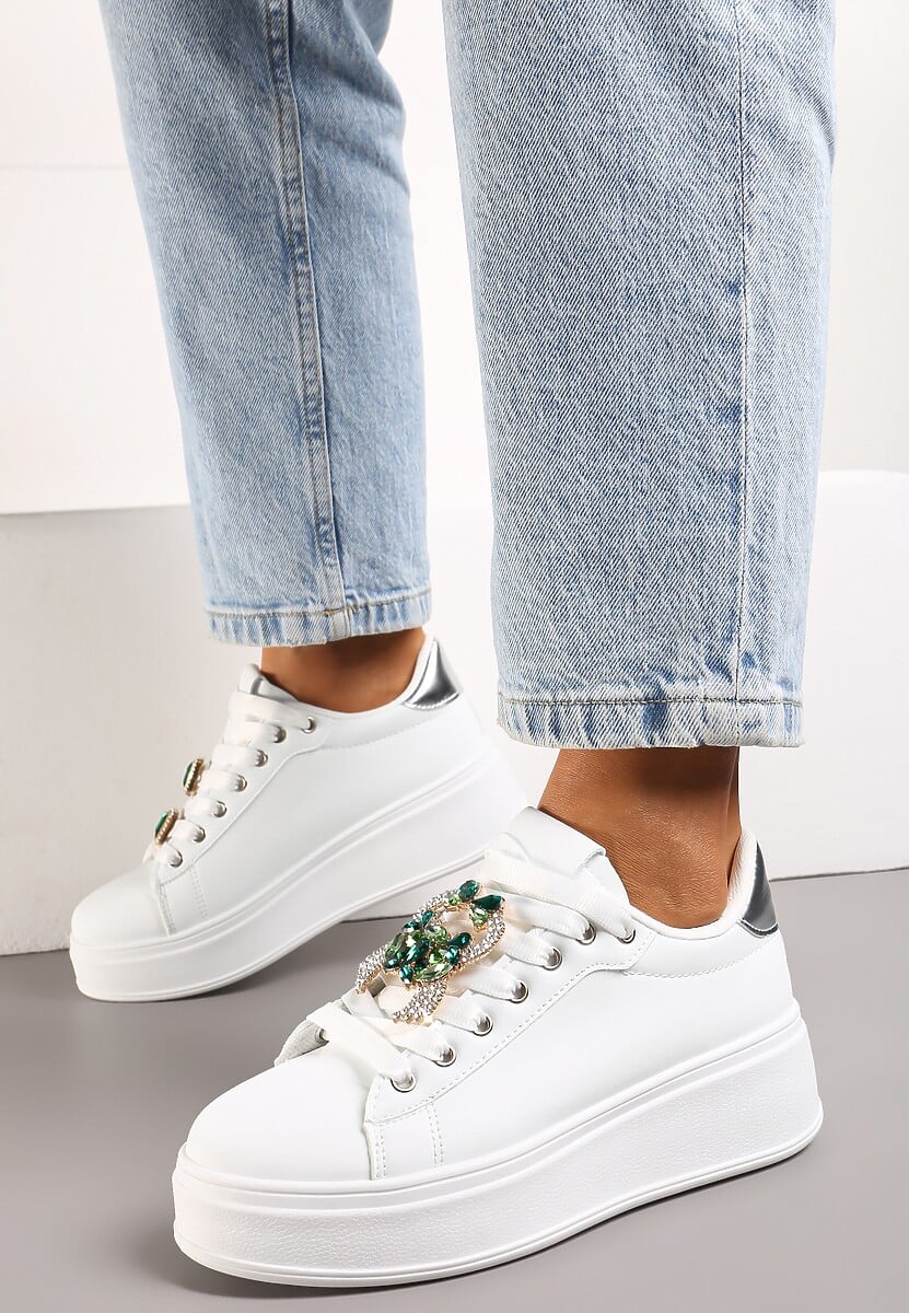 Biało-Zielone Sneakersy z Platformą i Odpinanymi Biżuteryjnymi Aplikacjami na Sznurówkach Tamaki