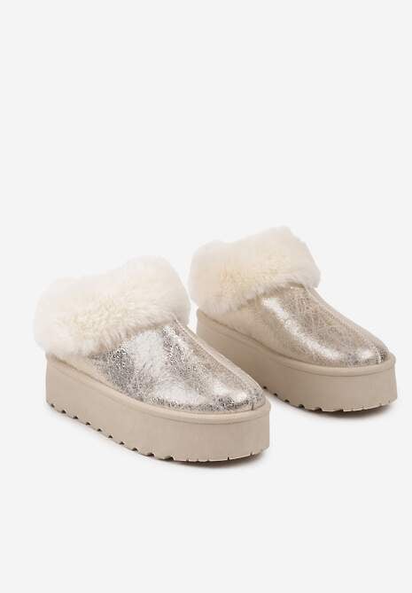 Złote Krótkie Śniegowce Wsuwane na Grubej Podeszwie Ozdobione Futerkiem Azida