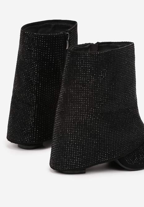 Czarne Eleganckie Botki z Cyrkoniami na Wywiniętej Cholewce Emiviraea