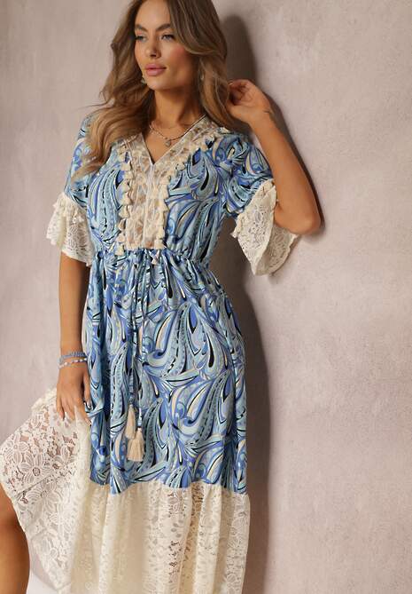 Niebieska Sukienka Maxi z Gumką w Pasie i Koronkowymi Wstawkami Tretine