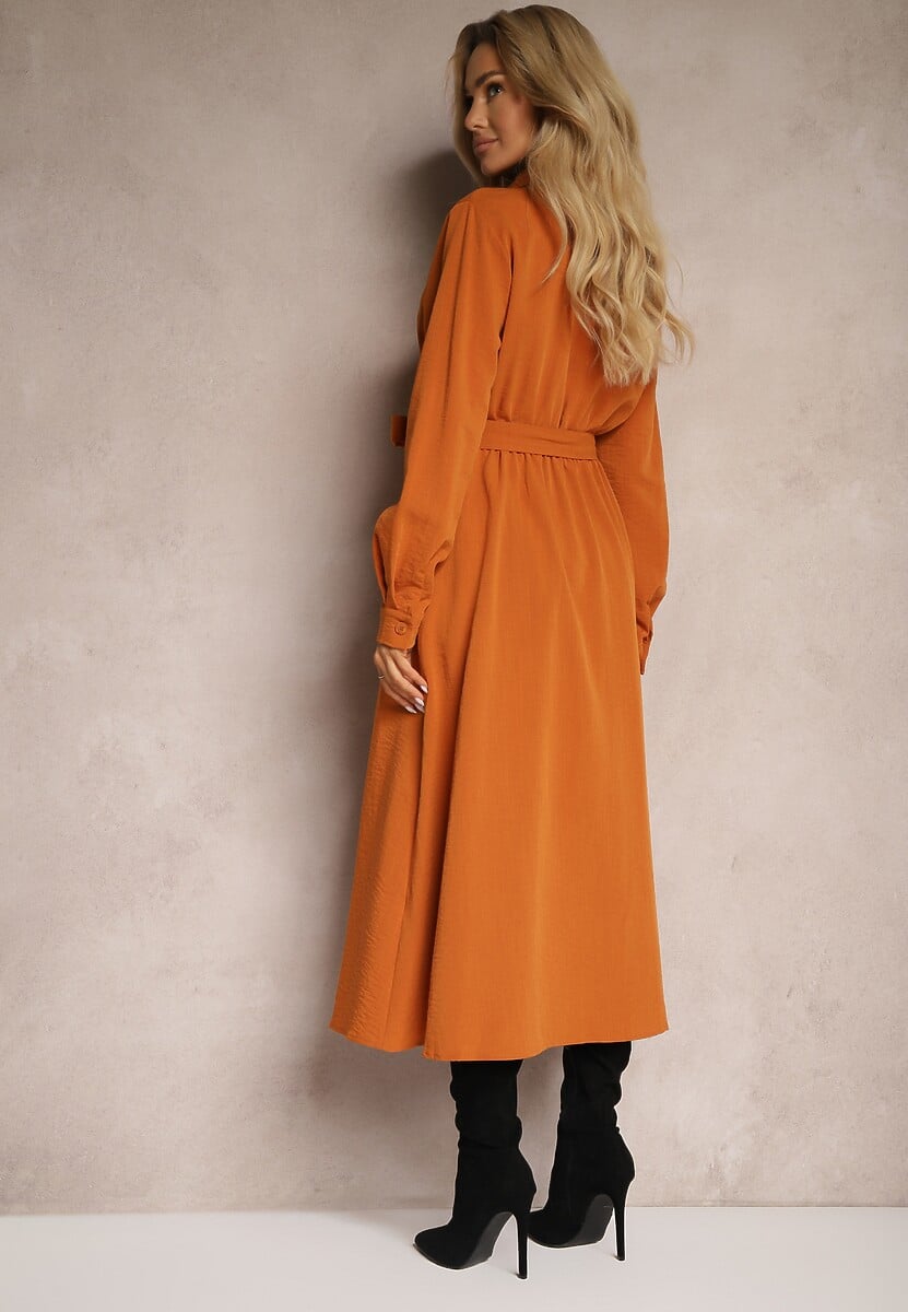 Pomarańczowa Koszulowa Sukienka Taliowana z Rozkloszowanym Dołem Nereira
