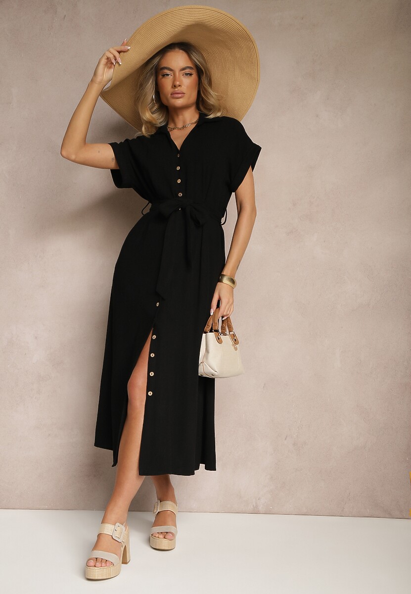 Biała Bawełniana Sukienka Koszulowa z Wiązanym Paskiem i Krótkim Rękawem Elannoria