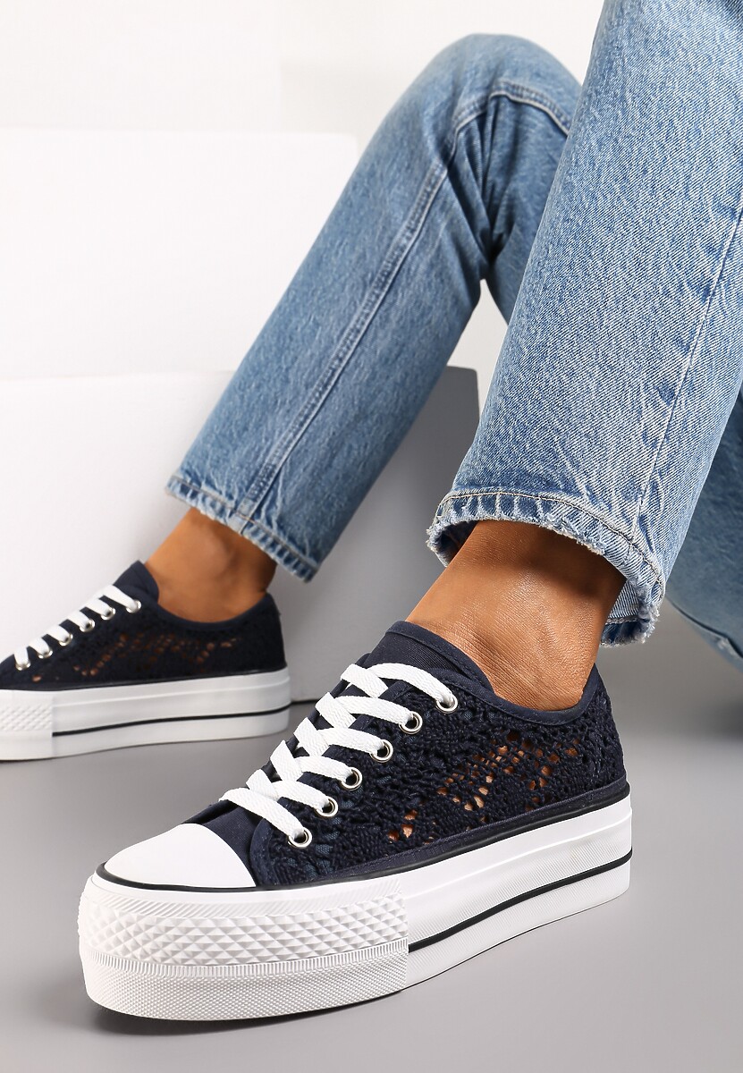 Granatowe Ażurowe Trampki przed Kostkę na Platformie Polsana