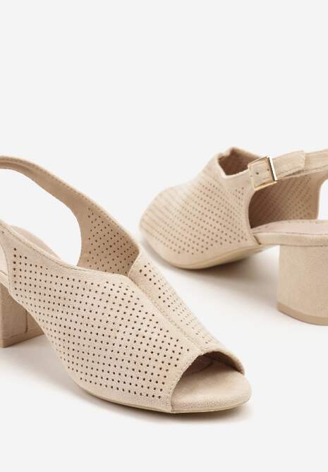 Beżowe Sandały na Słupku ze Skórzaną Wkładką i Ażurową Cholewką Telesetia