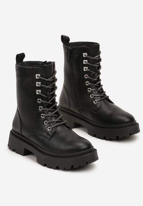 Czarne Botki Workery na Płaskiej Podeszwie Wykończone Cyrkoniami Lerissna