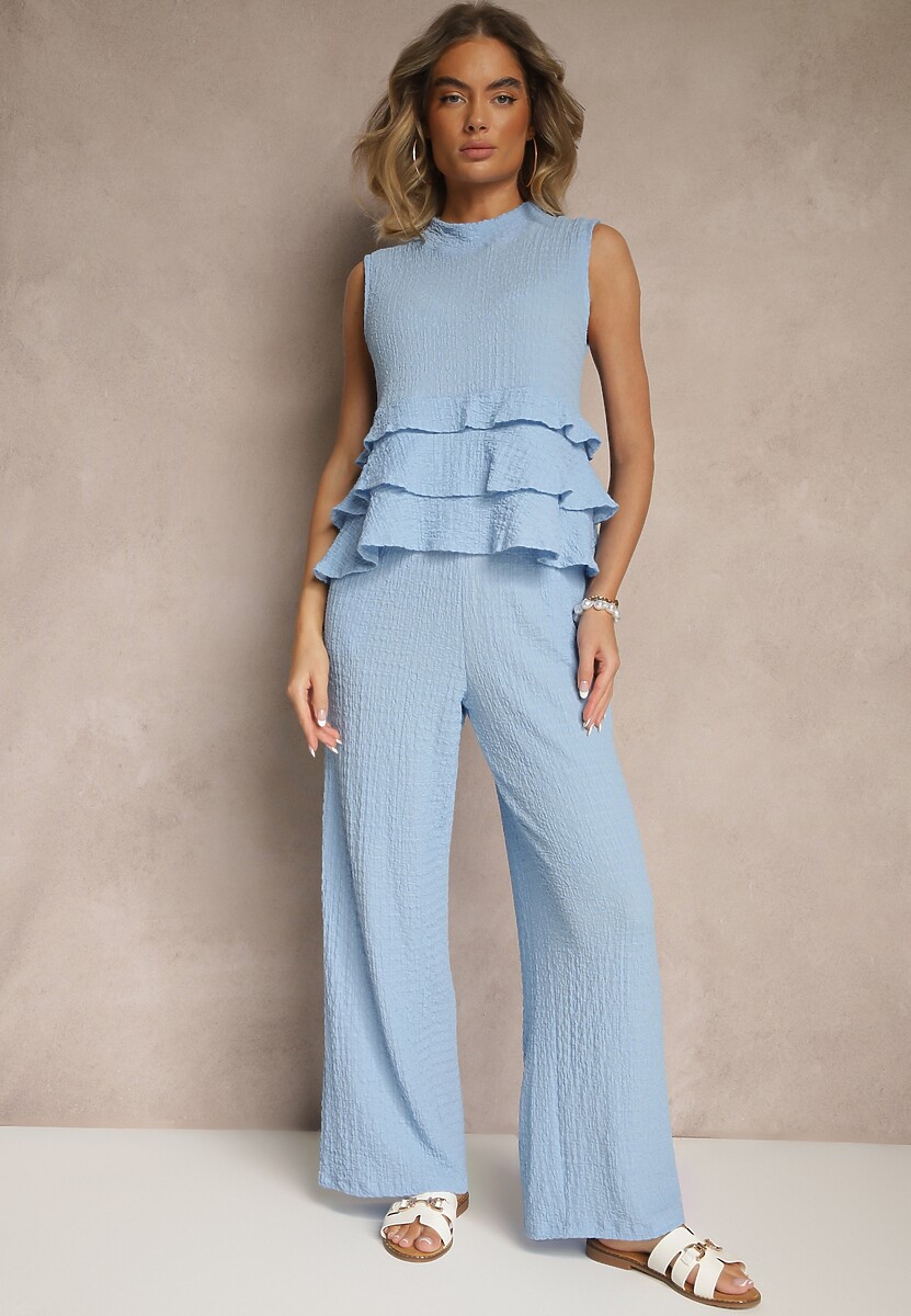 Jasnoniebieski Komplet Top z Falbankami i Spodnie o Szerokim Kroju Ulosindra