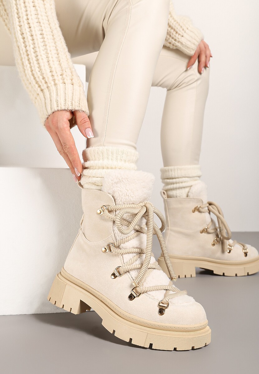 Beżowe Traperki Wiązane na Sznurek Ozdobione Kożuszkiem Sidonnie