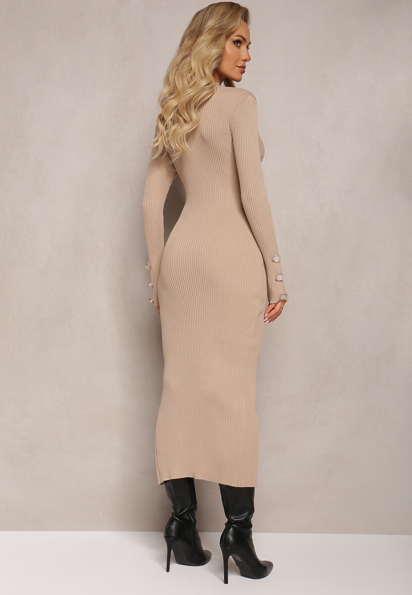 Beżowa Maxi Prążkowana Sukienka o Dopasowanym Kroju z Guzikami i Wycięciem Inelia