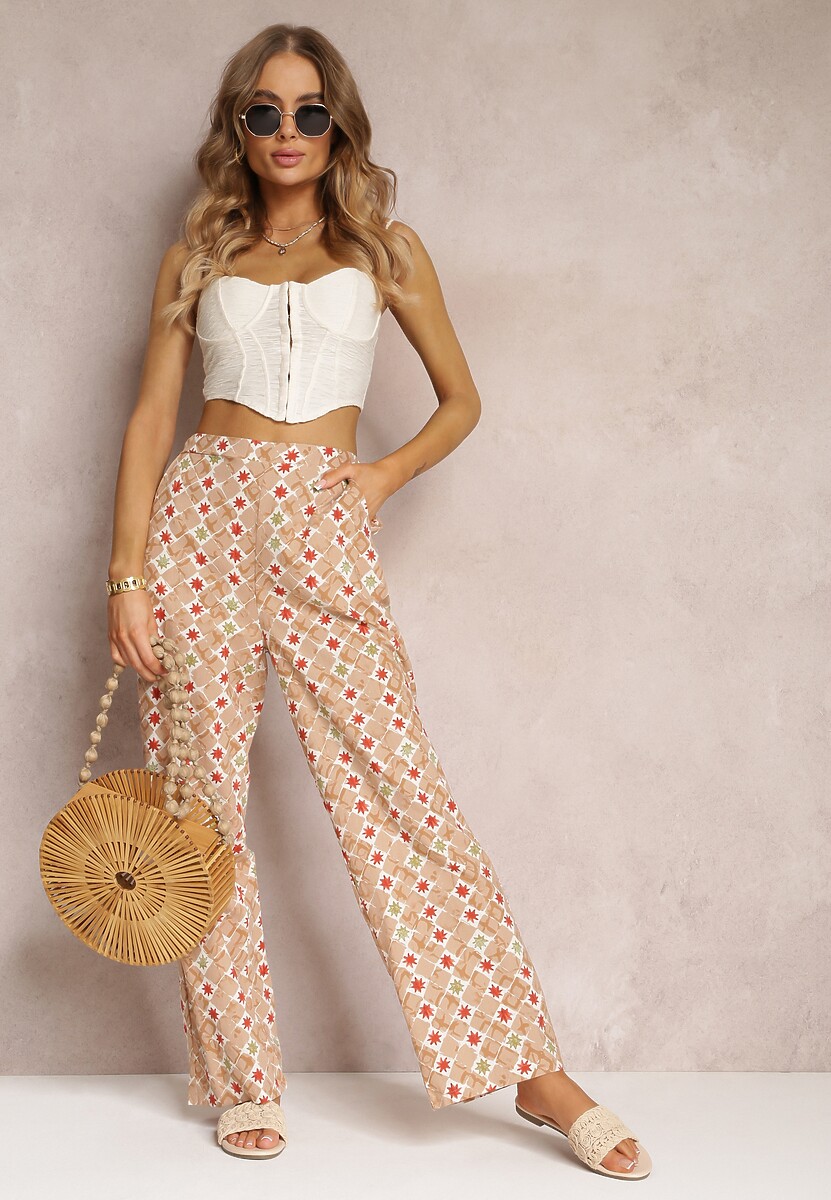 Jasnozielone Szerokie Spodnie w Fantazyjny Print Bawełniane Rosabella