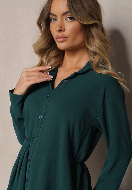 Ciemnozielona Koszulowa Sukienka o Asymetrycznym Rozkloszowanym Kroju z Gumką w Talii Eloriana