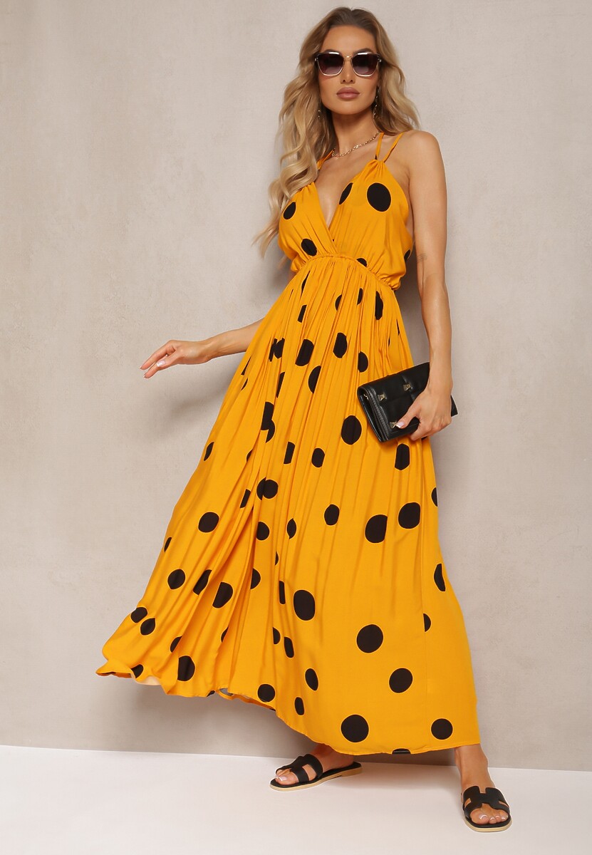 Żółta Wiskozowa Sukienka z Gumką w Pasie i Wiązaniem na Szyi i Plecach Kamaries