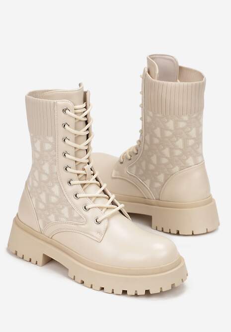 Beżowe Botki Workery z Elastyczną Cholewką Sznurowane Eideia