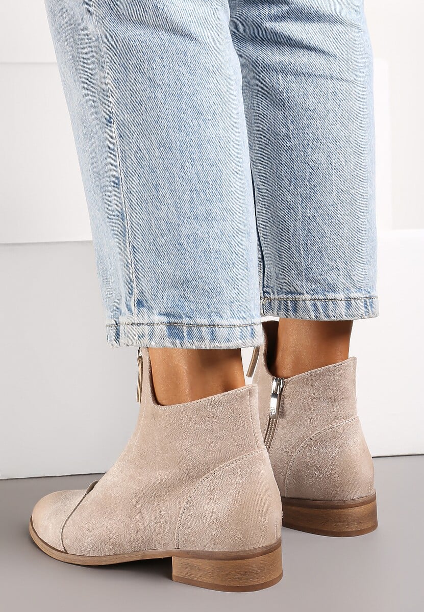 Beżowe Botki w Stylu Nowoczesnych Sztybletów ze Skórzaną Wkładką i Ozdobnym Suwakiem Asaxs