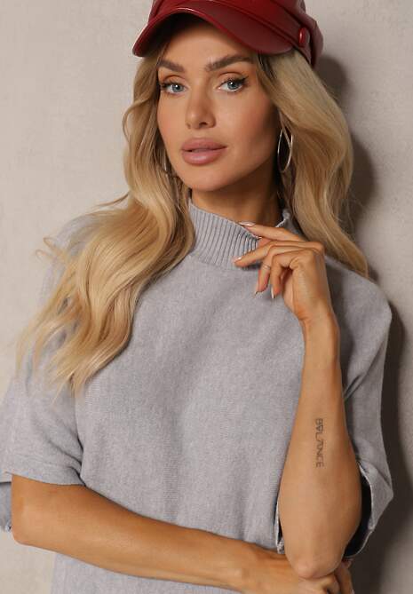 Szara Bluzka z Półgolfem i Krótkim Rękawem z Bawełną i Wiskozą w Stylu Nietoperza Ciastina