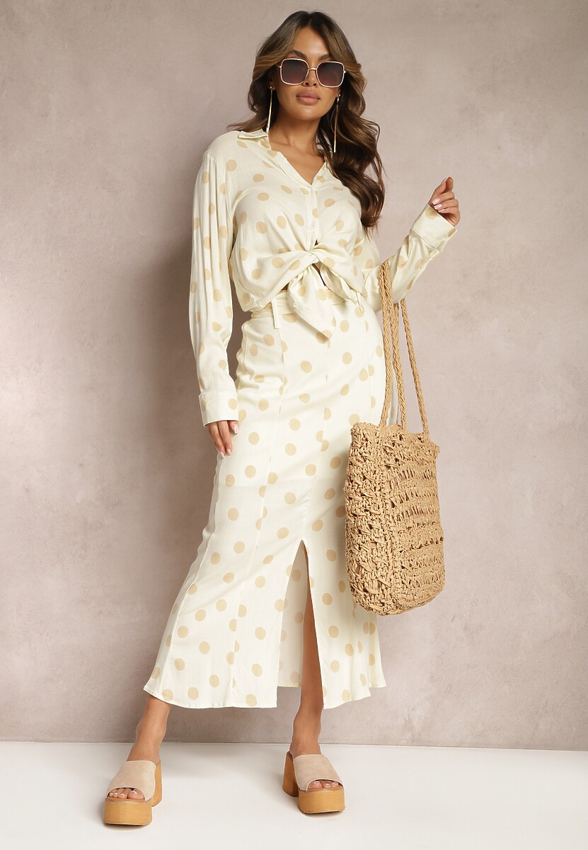Beżowa Spódnica Midi z Wysokim Stanem i Paskiem w Kropki Fiunea