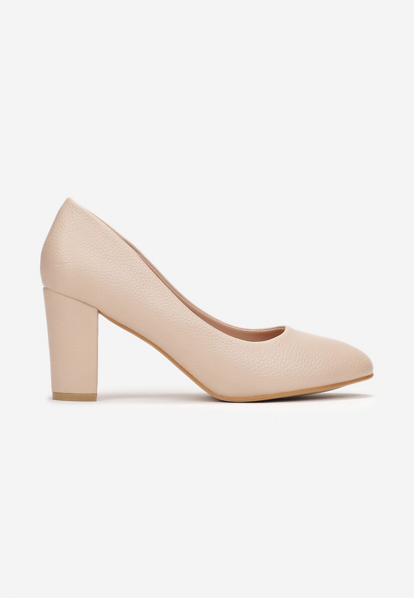 Beżowe Czółenka z Okrągłym Noskiem na Słupku z Imitacji Skóry Wilnia