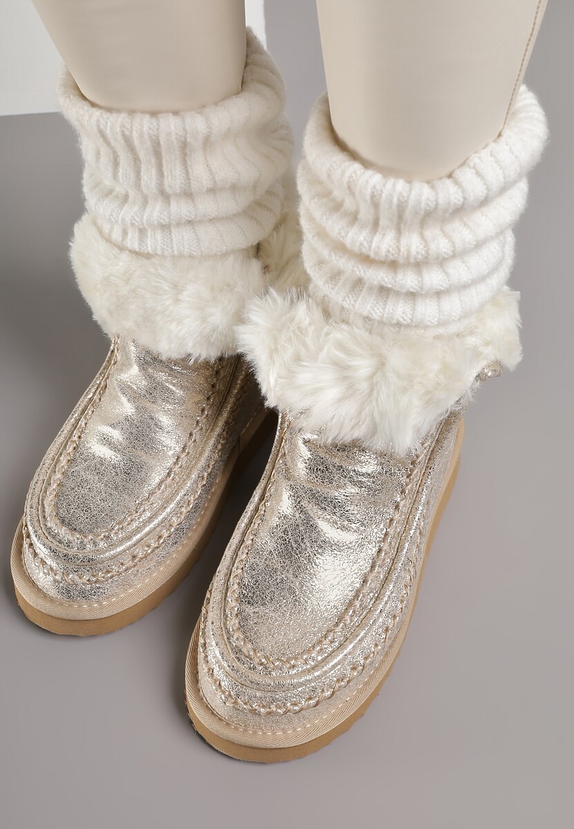 Złote Metaliczne Śniegowce Wsuwane Zdobione Futerkiem Vetirene