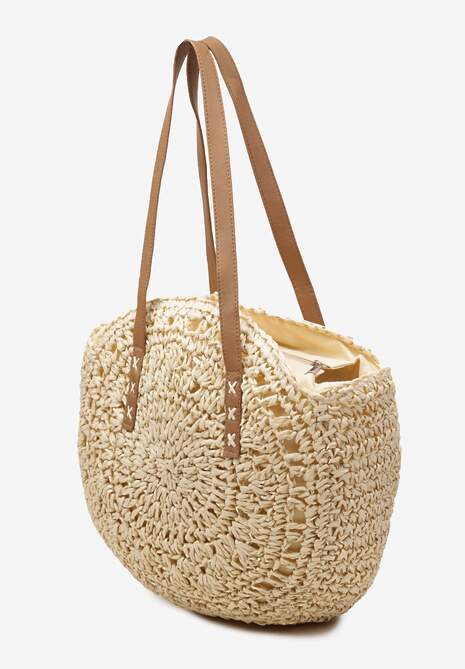 Jasnobeżowa Boho Torebka z Plecionki z Dwoma Uchwytami Zapinana na Suwak Saiph