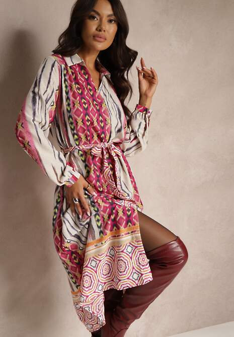 Fuksjowo-Beżowa Koszulowa Sukienka Wiązana w Talii Ozdobiona Abstrakcyjnym Wzorem Nilima