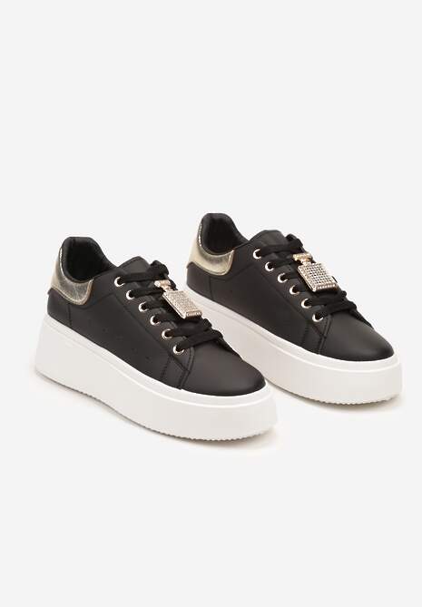 Czarne Sneakersy na Platformie Ozdobione Cyrkoniami i Aplikacją 3D Daneria