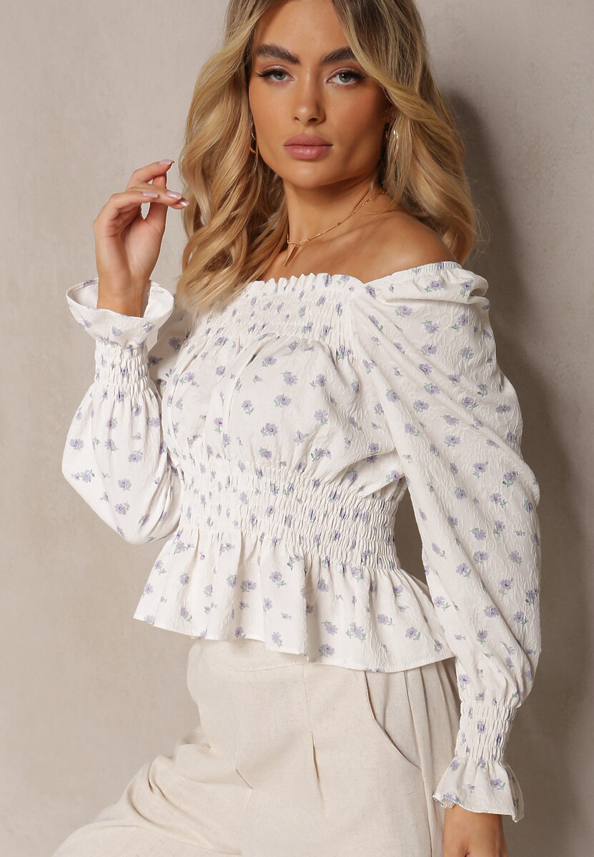 Biało-Zielona Bluzka z Falbankami przy Rękawach Wykończona Gumką w Pasie Naliaria