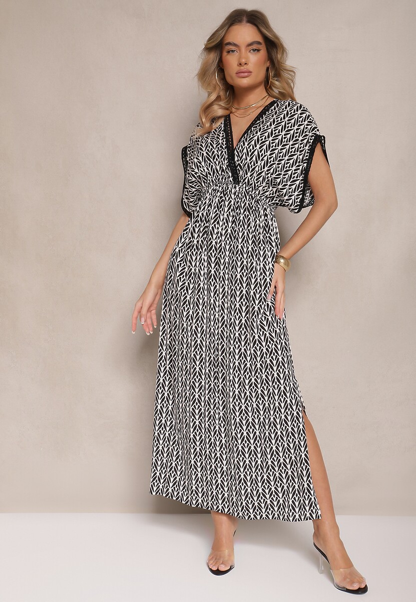 Czarno-Biała Sukienka Rozkloszowana z Bawełny Wykończona Koronką Lanadria