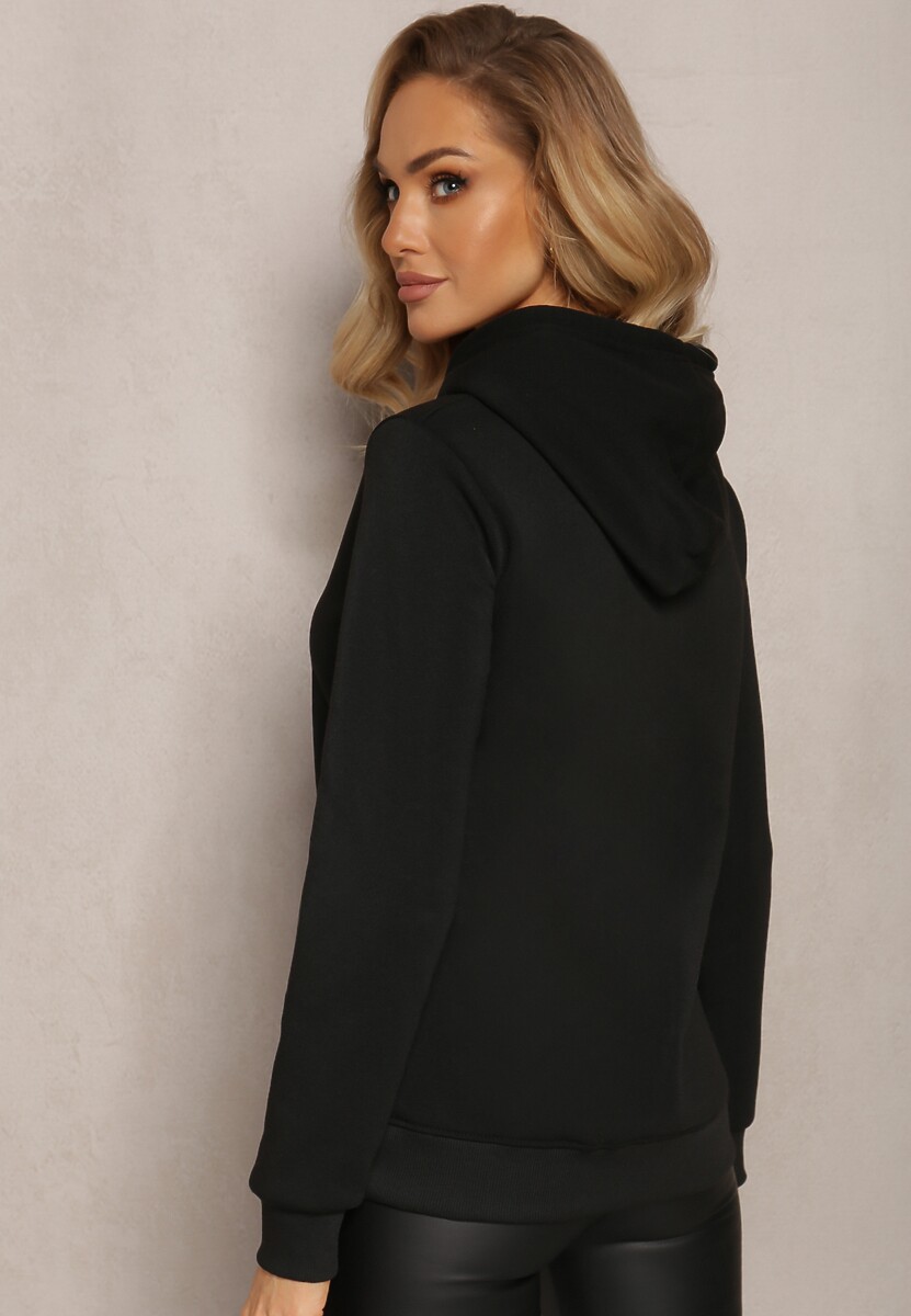 Czarna Ocieplana Bluza z Ozdobnym Nadrukiem i Kapturem Hitee