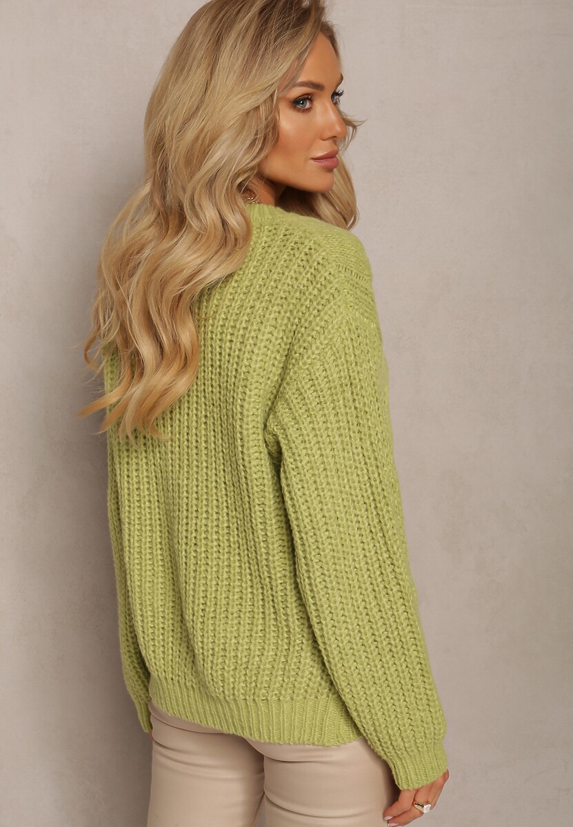 Jasnozielony Klasyczny Sweter z Modnym Splotem Wykończony Ściągaczami Viala