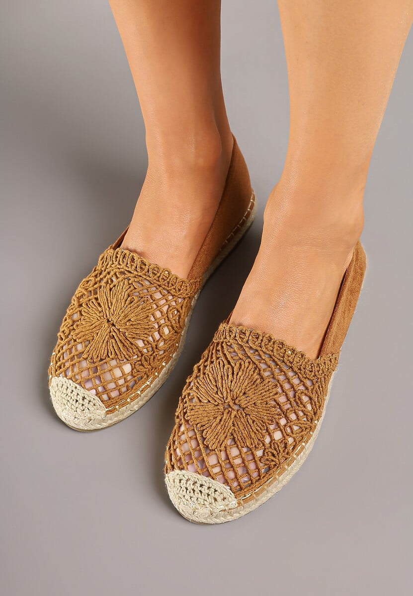 Jasnobrązowe Ażurowe Espadryle na Podeszwie z Plecionki Nusariana