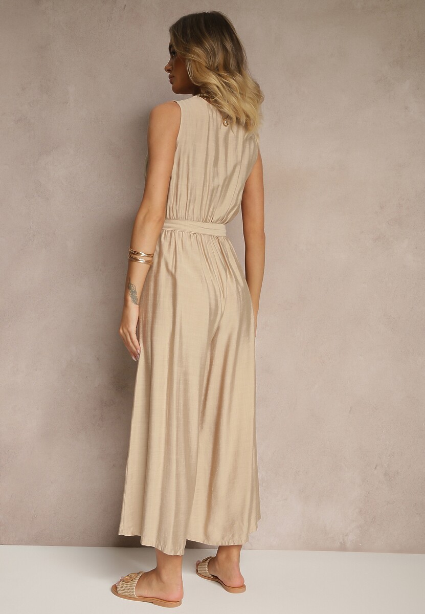 Beżowy Kombinezon Taliowany z Wiskozą Ozdobiony Paskiem Evintria