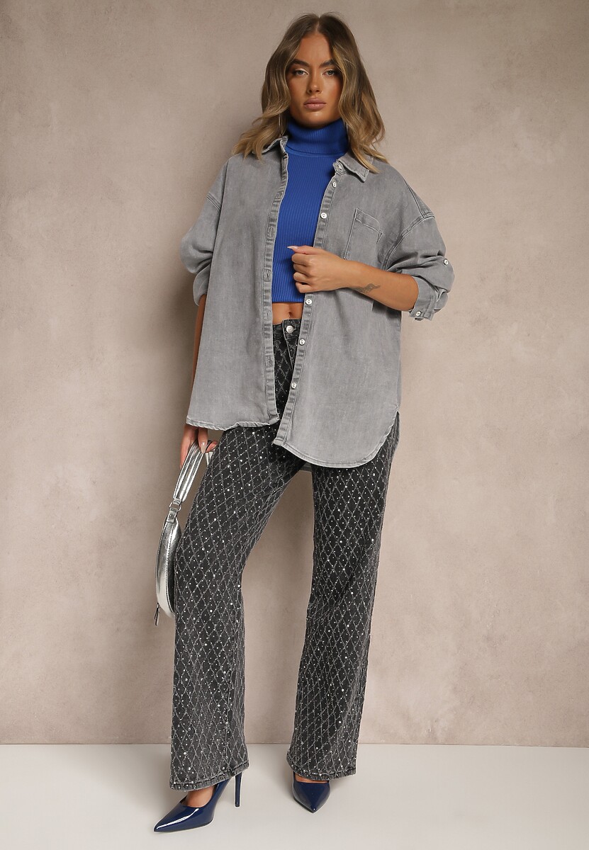 Szare Szerokie Jeansy High Waist z Cyrkoniowymi Zdobieniami Zarilene