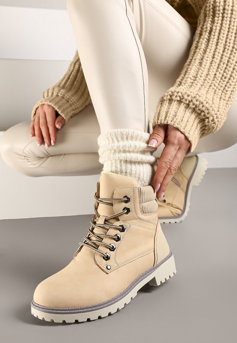 Beżowe Sznurowane Casualowe Traperki na Płaskiej Podeszwie Relobia