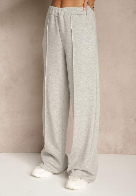 Jasnoszare Spodnie z Wiskozą o Szerokim Kroju Ozdobione Kantem Belhira