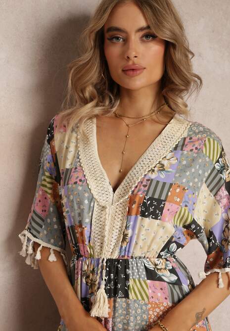 Szaro-Czarna Rozkloszowana Sukienka Maxi z Falbanką w Patchworkowy Wzór Fiorella