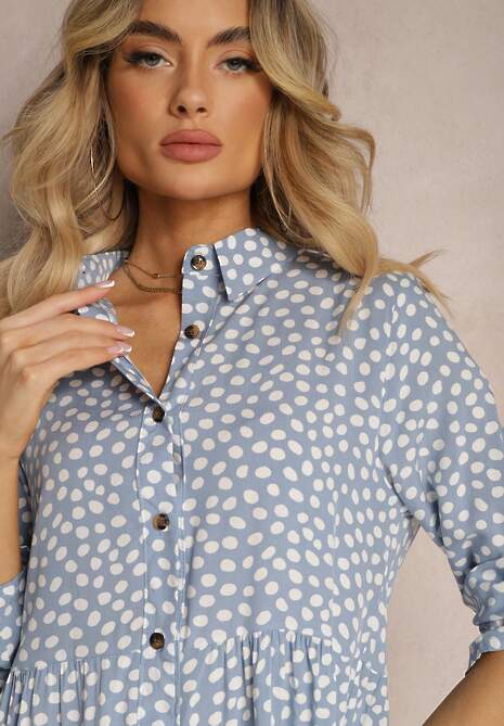 Jasnoniebieska Bawełniana Sukienka Koszulowa w Kropki Wexnella