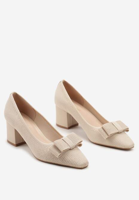 Beżowe Czółenka na Niskim Słupku z Ozdobną Kokardką i Wyściółką z Ekoskóry Risala