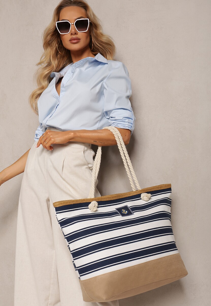 Beżowo-Granatowa Jednokomorowa Torebka Shopperka na Ramię Ozdobiona Plecionką i Sznurkami Renneli