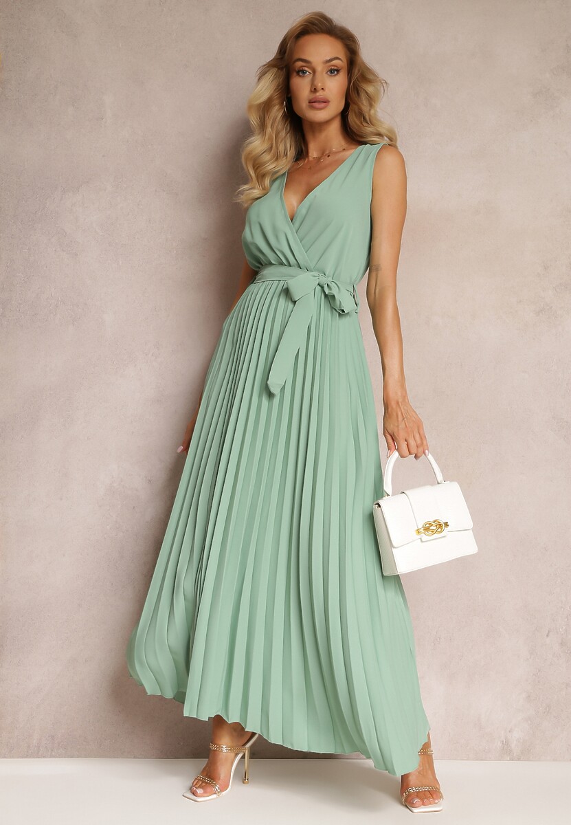 Zielona Rozkloszowana Sukienka Maxi z Plisowanym Dołem i Gumką w Talii Sare