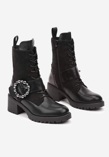 Czarne Botki w Stylu Workerów na Słupkowym Obcasie z Ozdobnym Paskiem z Klamrą Emmitha