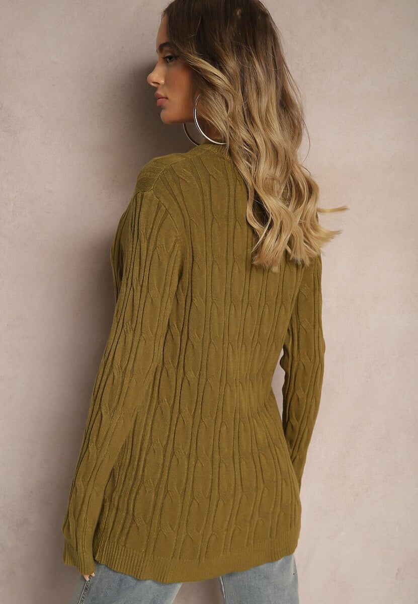 Ciemnozielony Sweter z Wiskozą Ozdobiony Tłoczeniem Savra