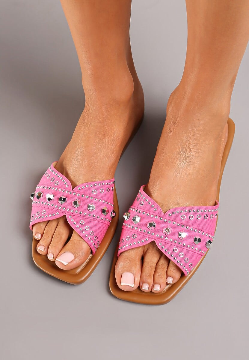 Fuksjowe Klapki Płaskie z Noskiem w Kwadrat i Ozdobami Metalowymi Yalenna