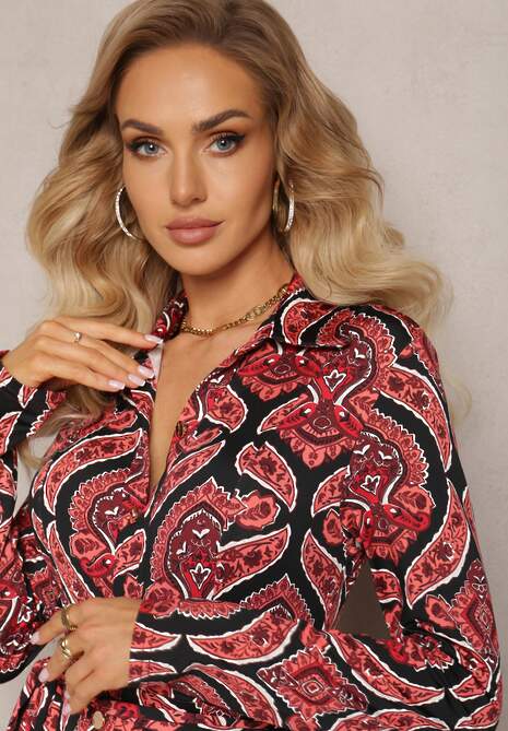 Czerwona Sukienka Koszulowa z Materiałowym Paskiem z Wzorem Paisley Cevilia