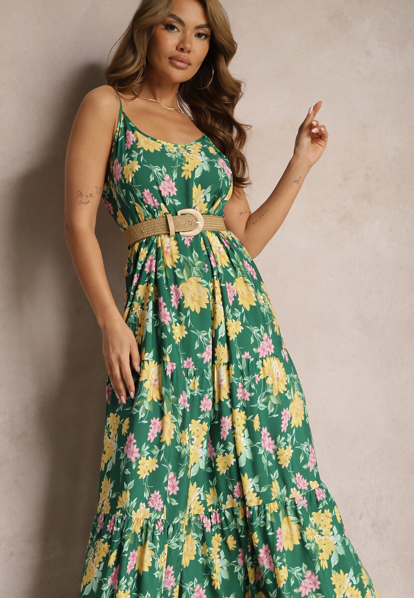 Zielona Wiskozowa Sukienka na Ramiączkach z Falbanką Lrinesa