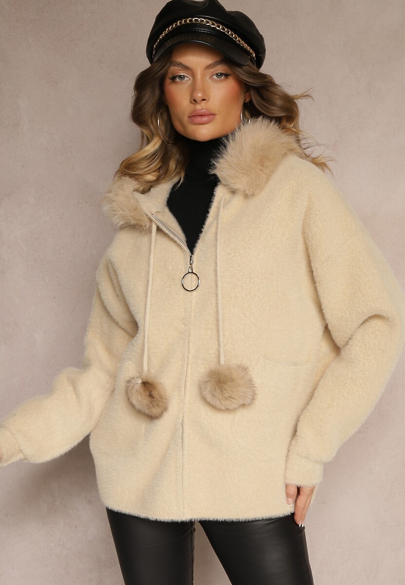 Beżowa Bluza z Wełną Wiskozą Kapturem Odpinanym Futerkiem i Pomponami Delailith